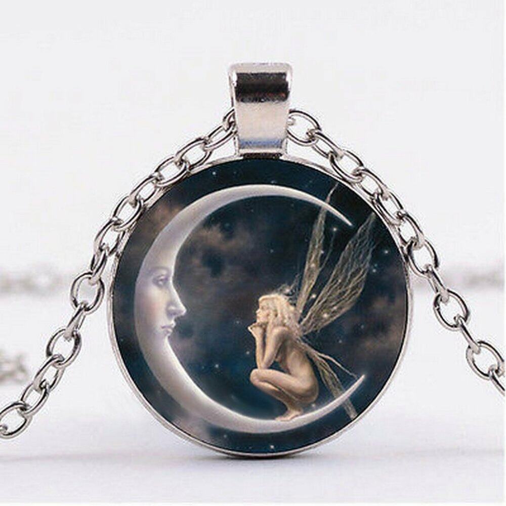 Fairy On The Moon Cabochon Pendant Necklace